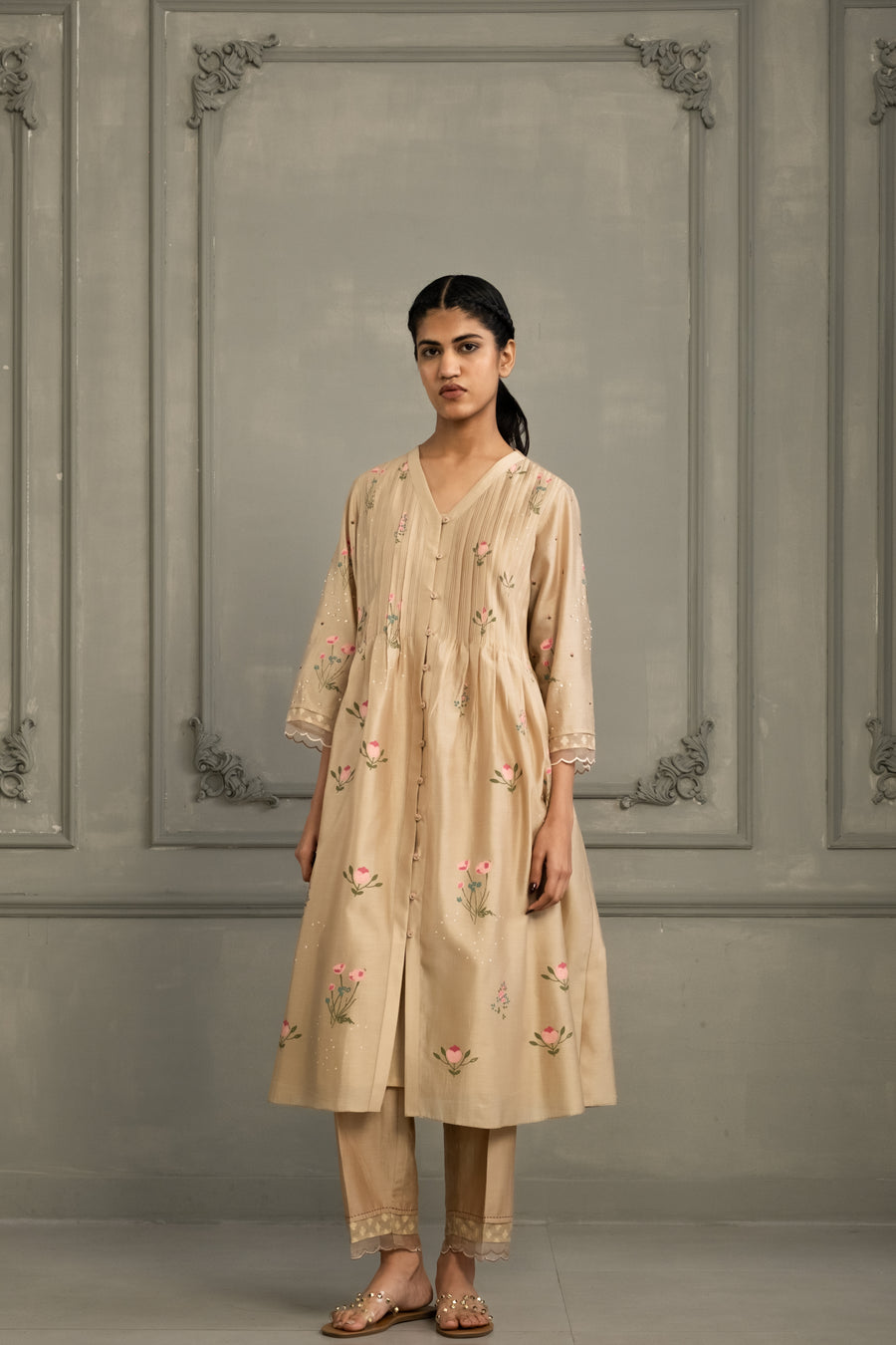 Beige Pleated Tunic Set In Silk Chanderi With Scalloped Organza Dupatta