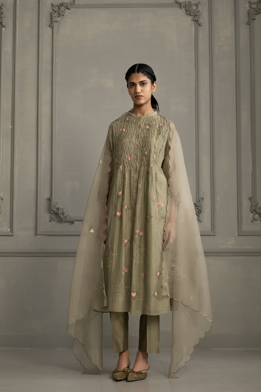 Sage Green Smoking Tunic Set In Mul Chanderi With Silk Chanderi Pants And Scalloped Organza Dupatta