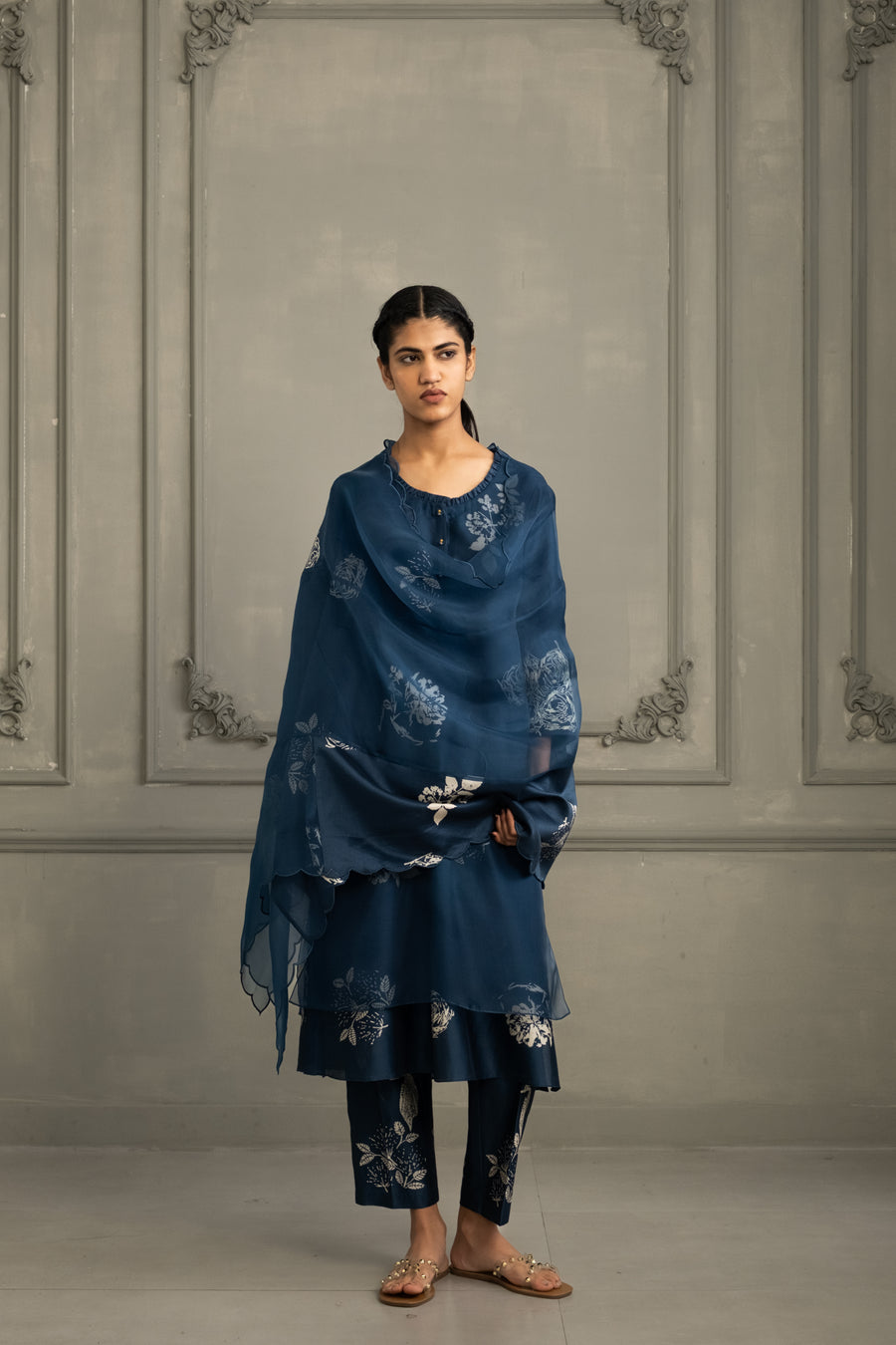 Indigo Discharge Print Tunic Set In Silk Chanderi With Dori Embroidery On Sleeves And Dupatta In Organza And Silk Chanderi
