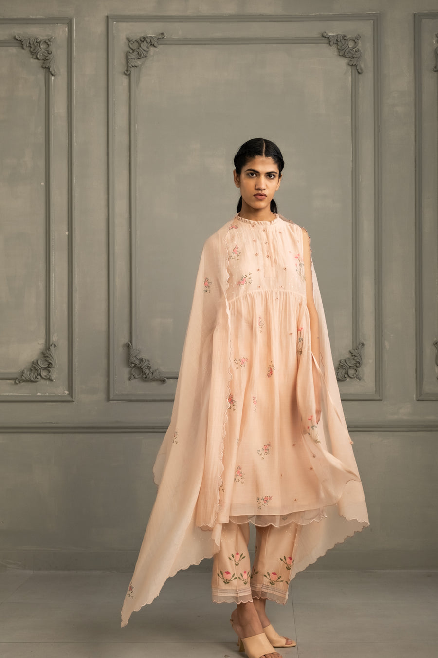 Old Rose Gathered Tunic Set In Mul Chanderi With Silk Chanderi Pants And Scalloped Mul Chanderi Dupatta