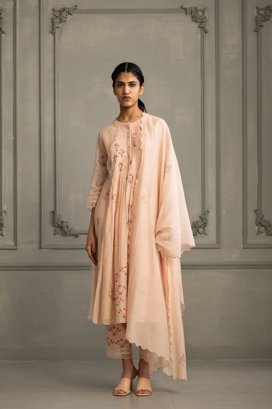 Old Rose Pleated Tunic Set In Mul Chanderi With Silk Chanderi Pants And Scalloped Mul Chanderi Dupatta
