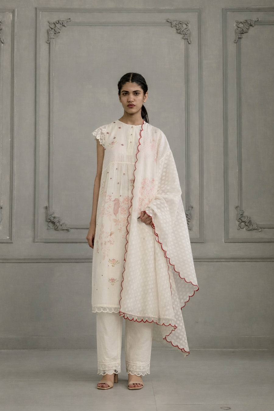 Ivory Gathered Tunic Set In Mul Chanderi With Silk Chanderi Pants And Dupatta In Mul Chanderi And Brocade