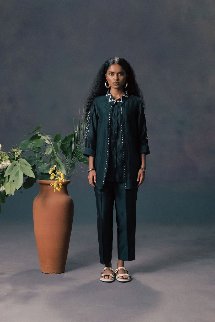 Indigo Double Layer Shirt In Mul And Silk Chanderi With Embroidery