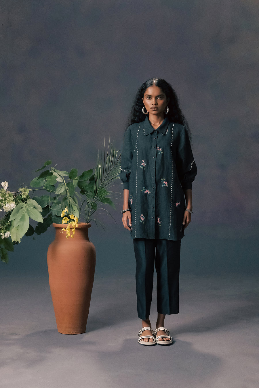 Indigo Rose Print Shirt In Linen
