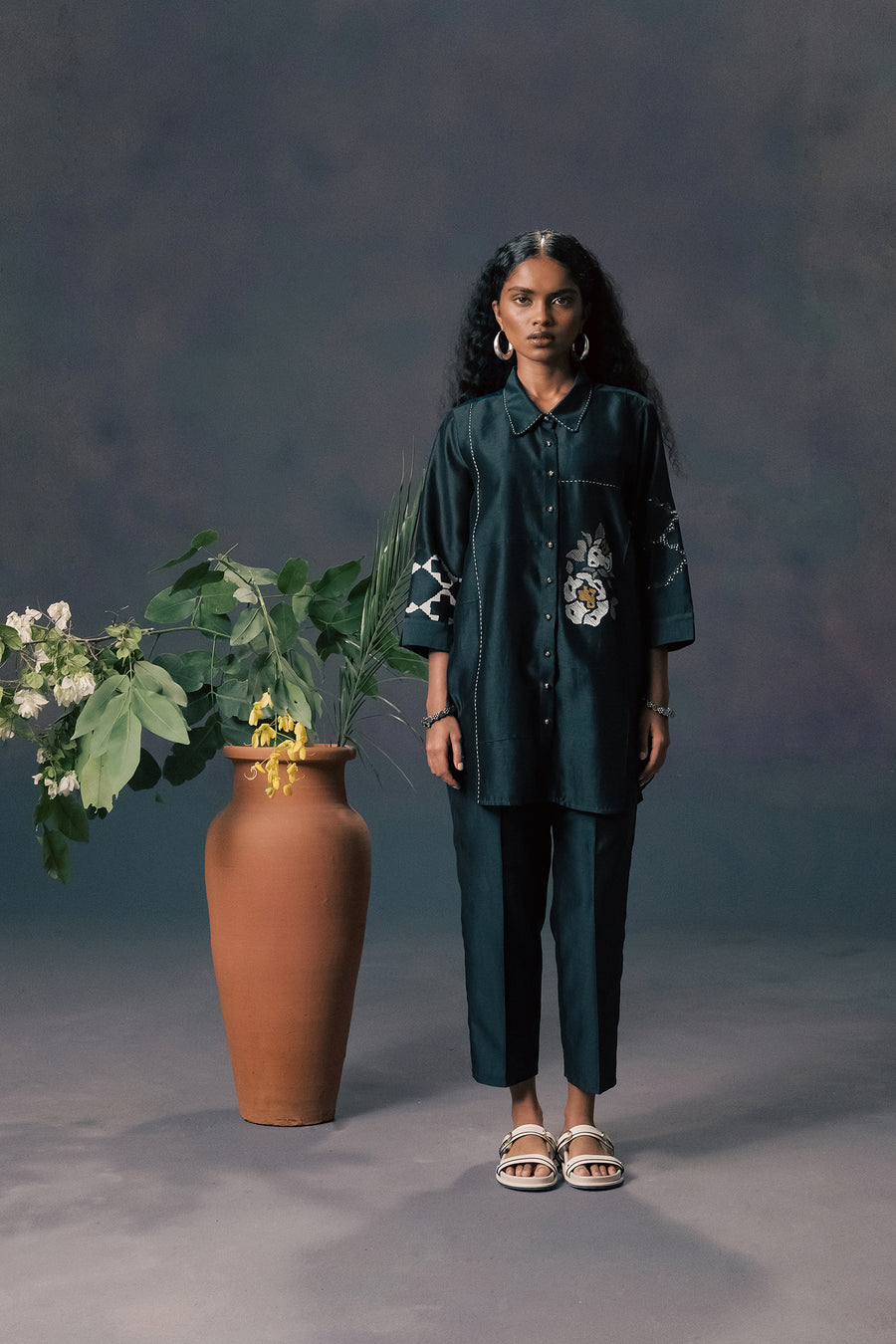 Indigo Shirt In Silk Chanderi With Stripe Embroidery