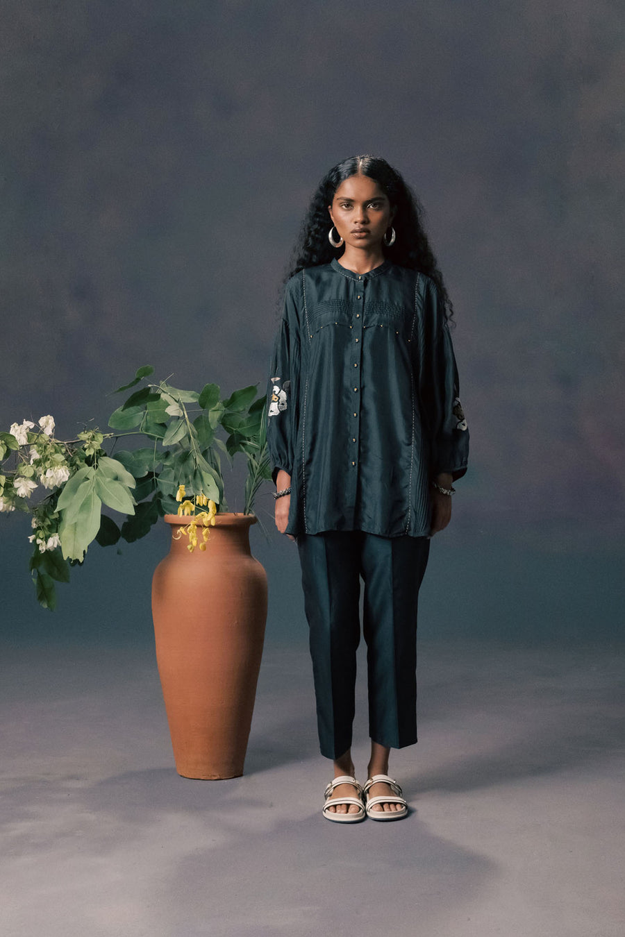 Indigo Shirt In MulBerry Silk With Stripe Embroidery On Sleeves And Straight Pants In Slik Chanderi
