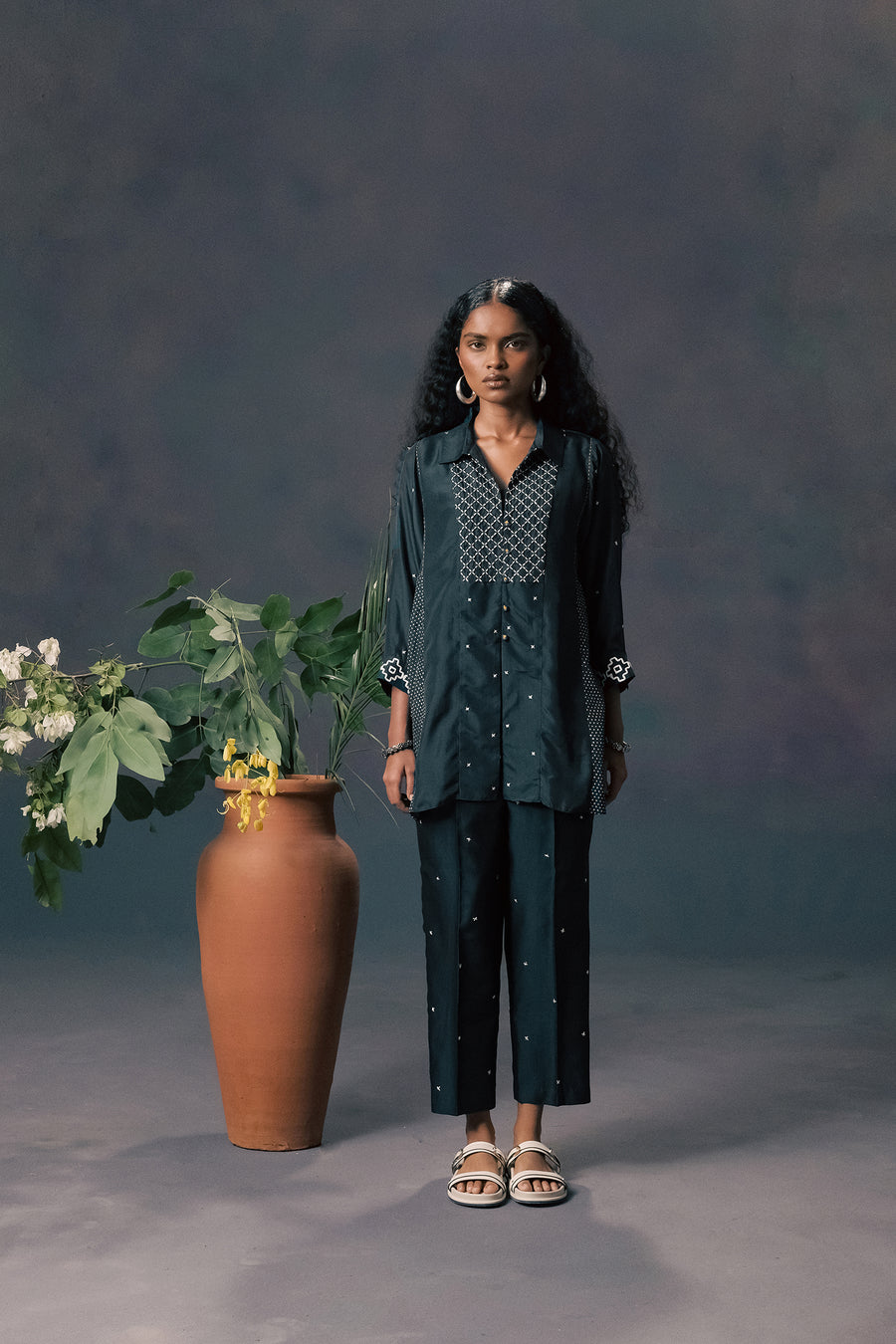 Indigo Shirt In Mulberry Silk With Embroidery