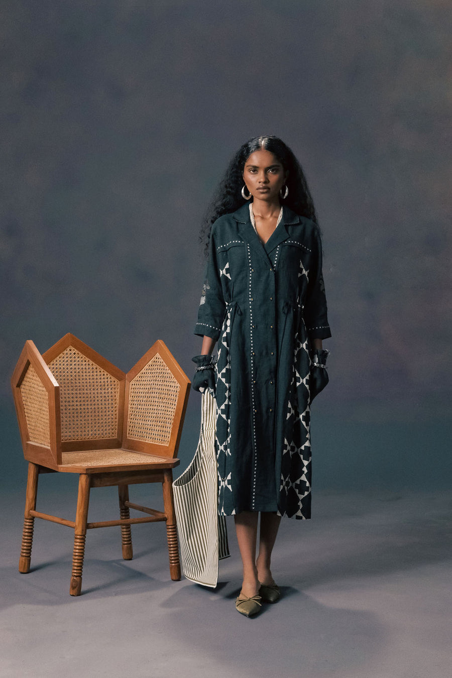 Indigo Discharge Print Shirt Dress In Linen With Embroidery