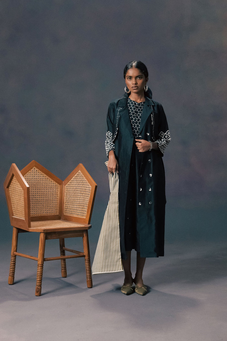 Indigo Silk Chanderi Embroided Jacket With Halter Neck Jumpsuit