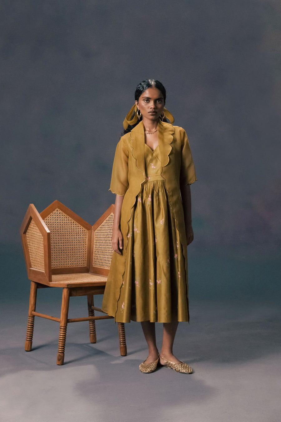 Moss Green Scalloped Organza Jacket With Rose Printed Strap Dress In Silk Chanderi