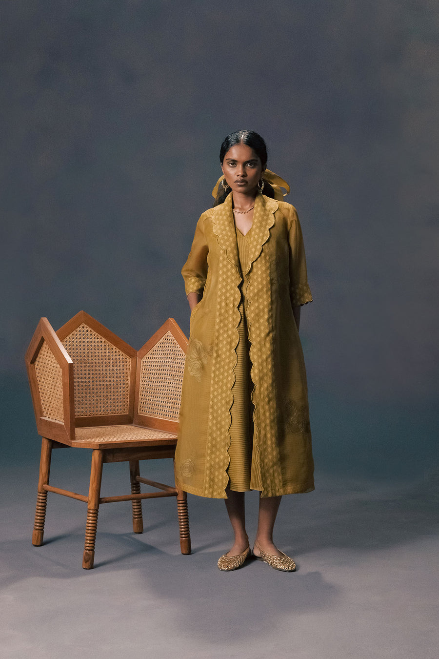 Moss Green Organza Jacket With Embroidery  And Strap Dress In Stripe Organza