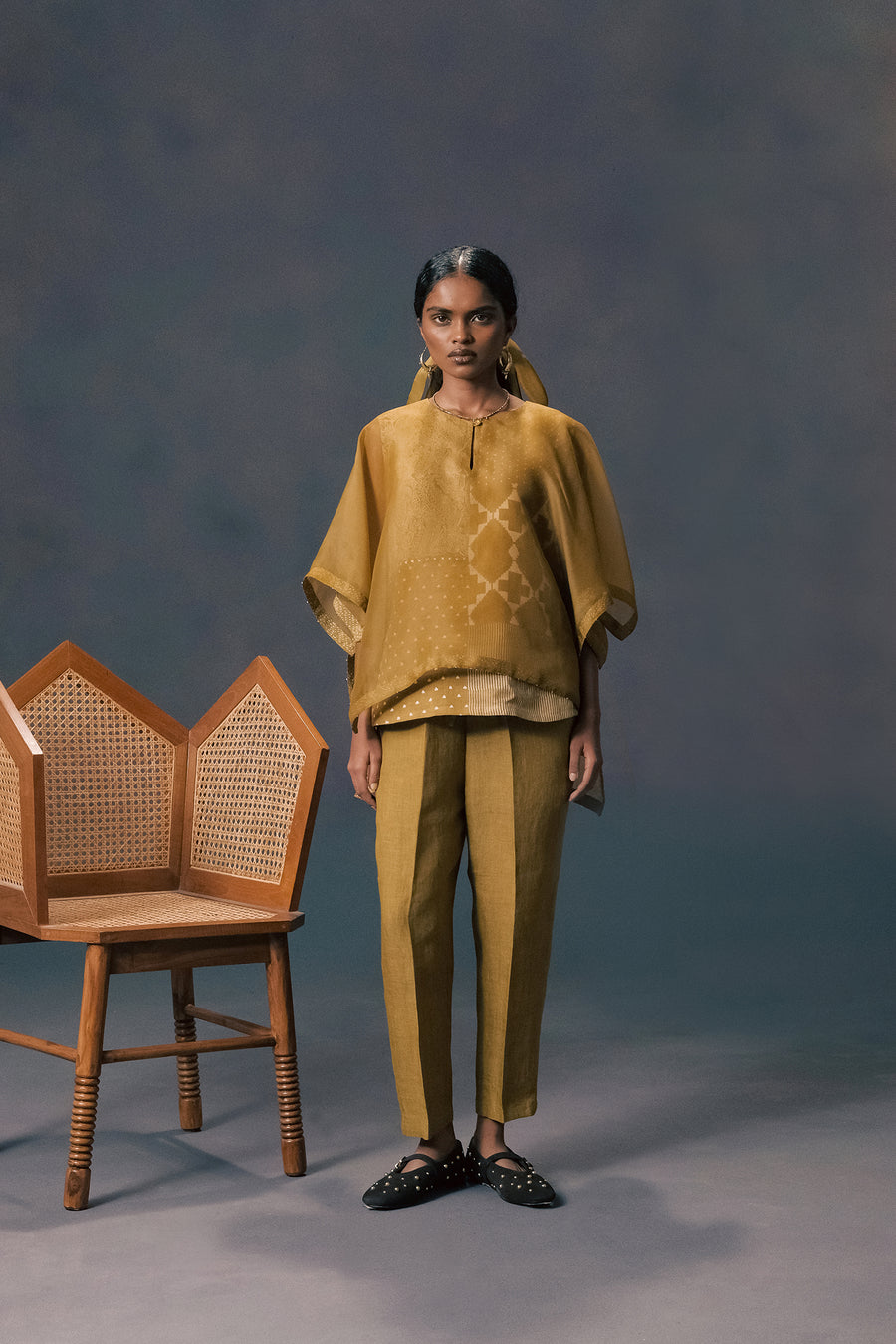 Moss Green Double Layer Discharge Print Kaftan Shirt In Linen And Organza