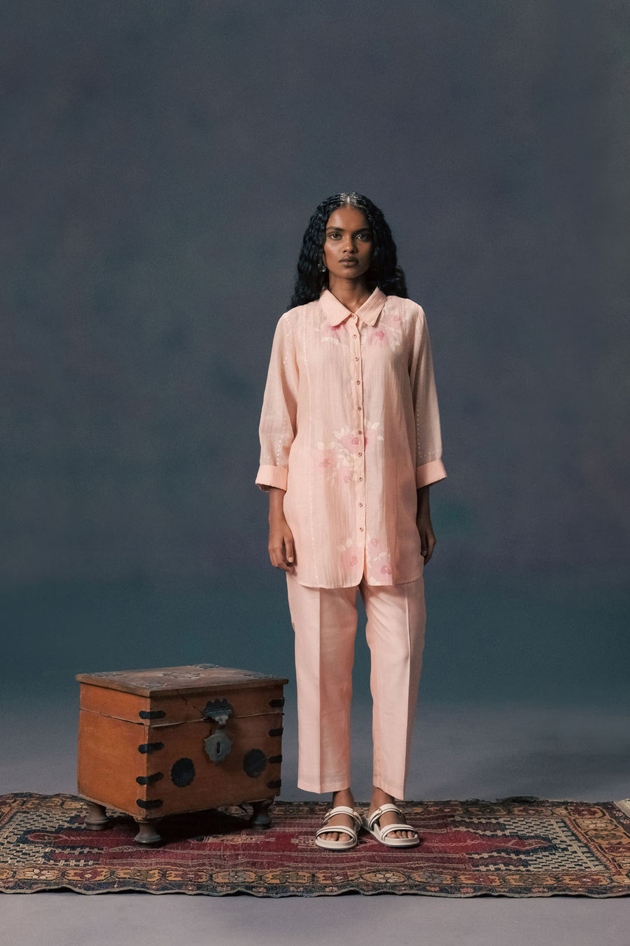 Old Rose Shirt In Mul Chanderi With Embroidery And Straight Pants In Slik Chanderi
