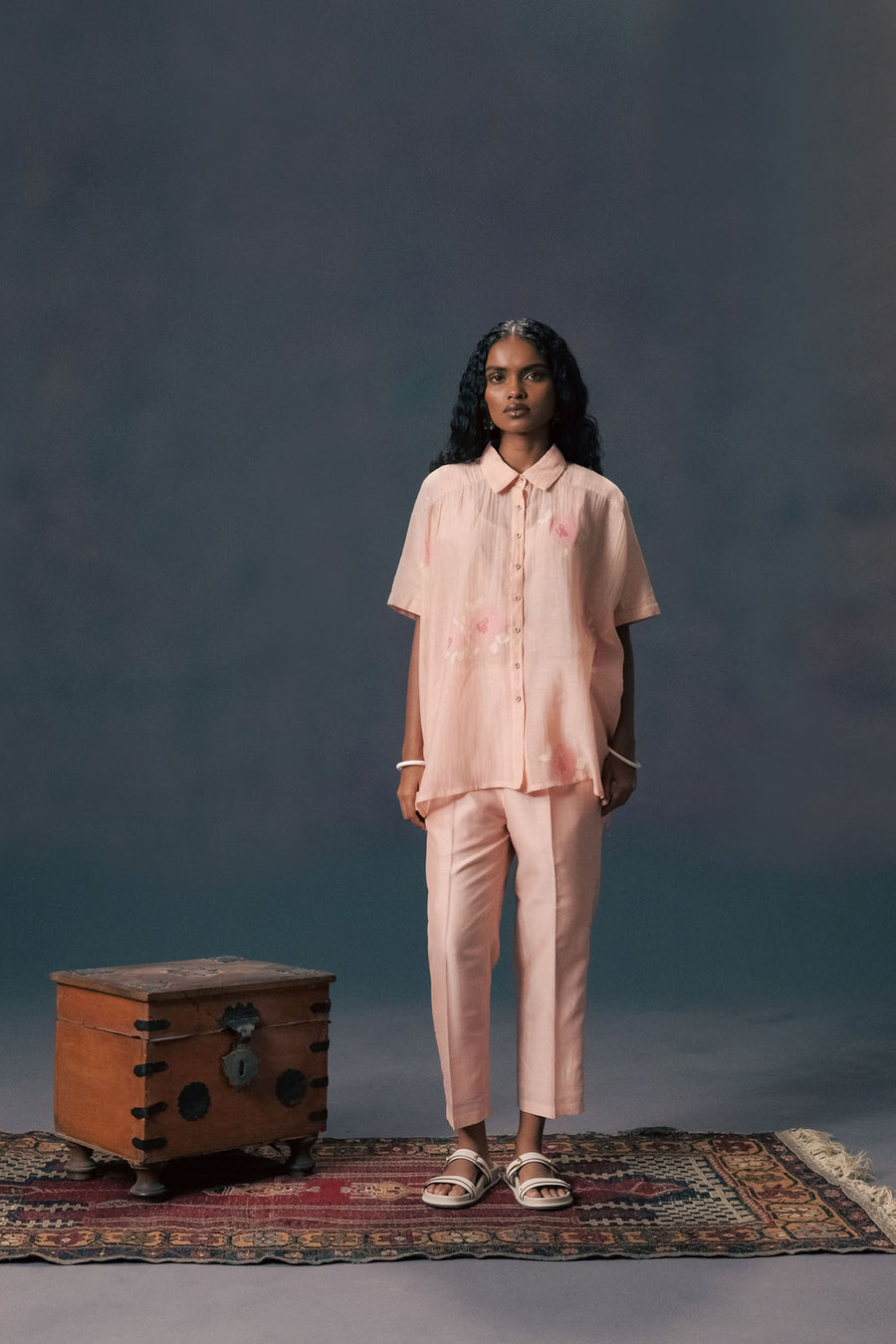 Old Rose Shirt In Mul Chanderi With Screen Printed Straight Pants In Slik Chanderi
