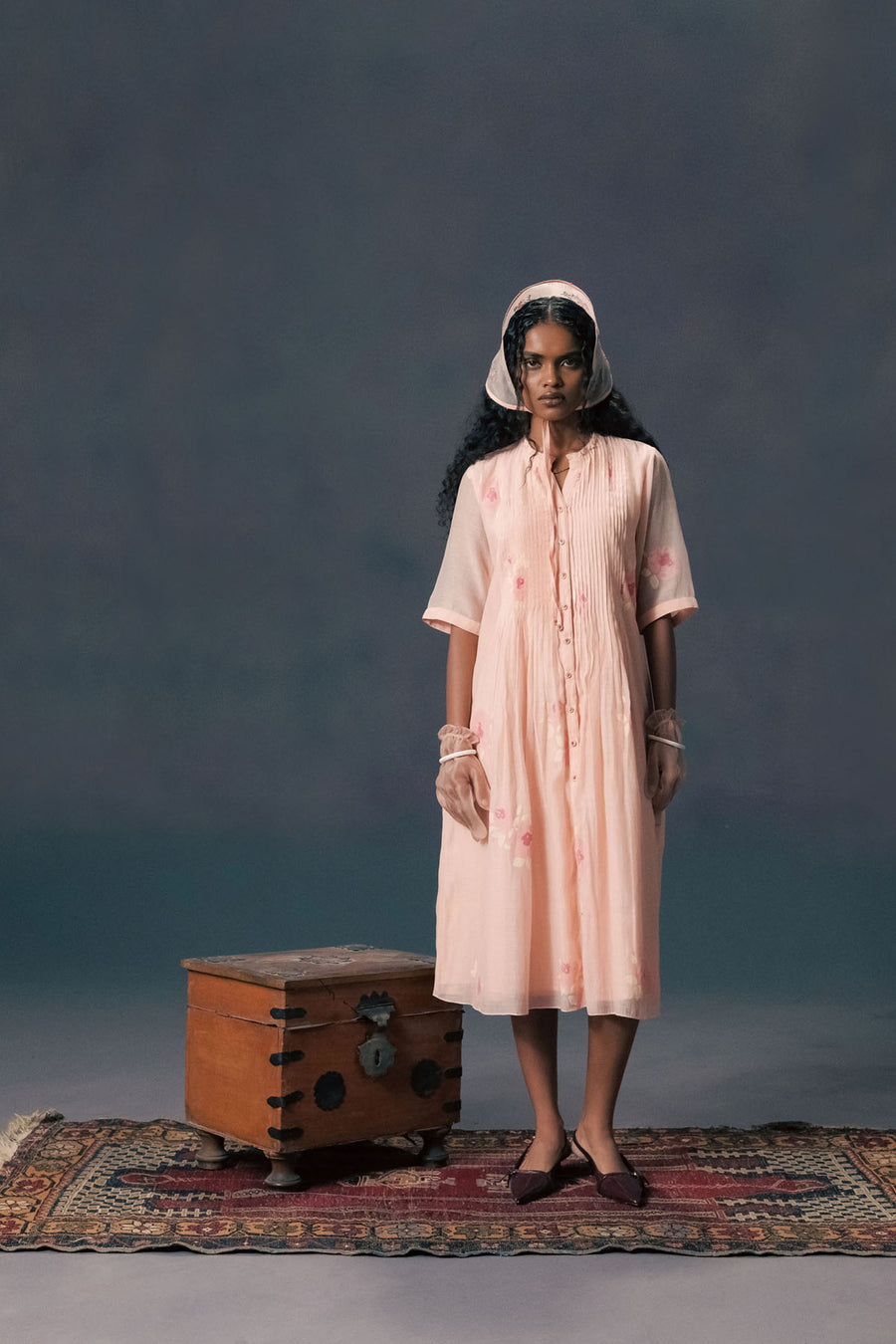Old Rose Front Pleated Dress In Mul Chanderi With Screen Print