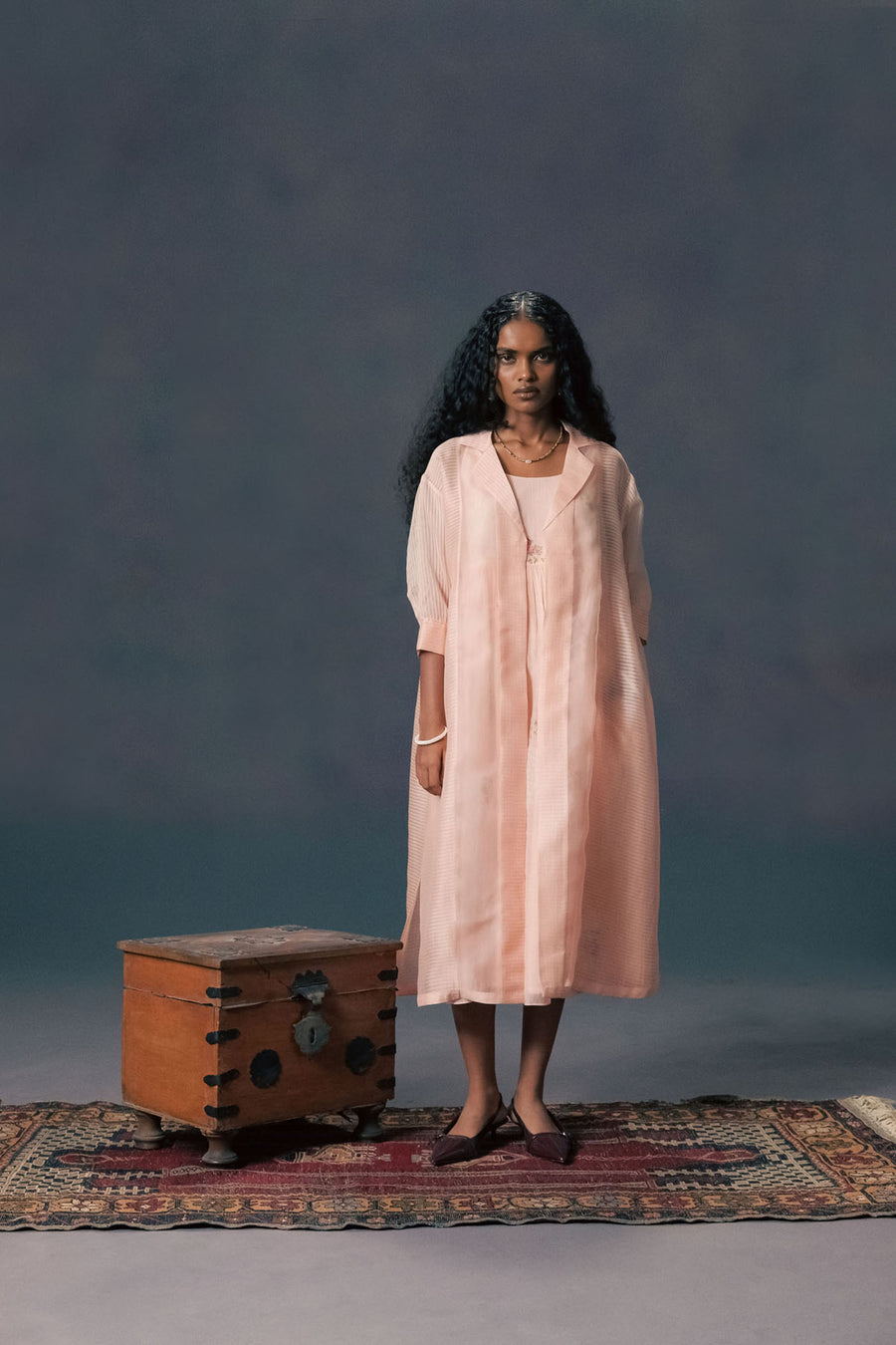 Old Rose Organza And Stripe Organza Jacket With Discharge And Rose Print Strap Straight Cut Dress In Mul Chanderi