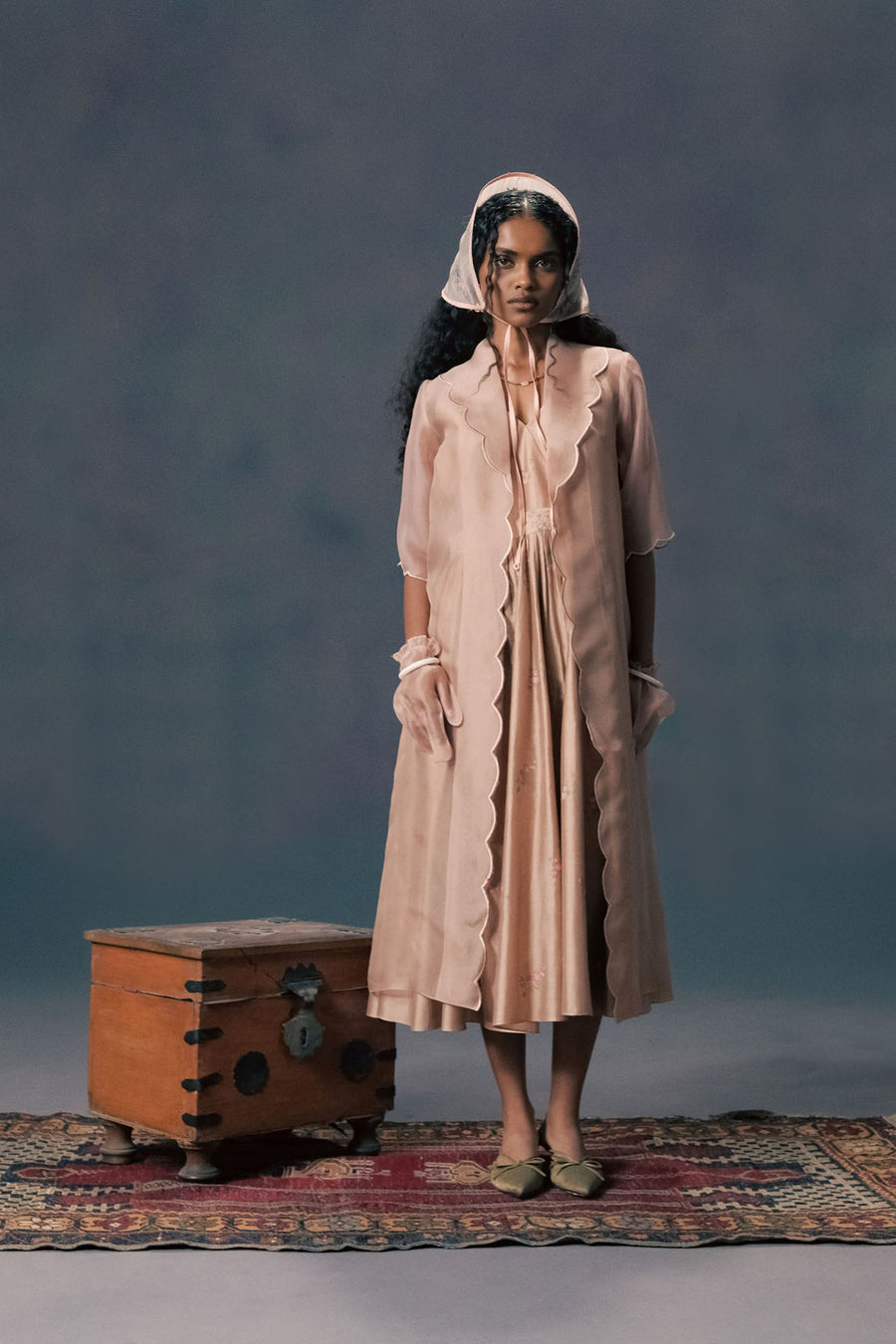 Mocha Mousse Scalloped Organza Jacket With Rose Printed Strap Dress In Silk Chanderi