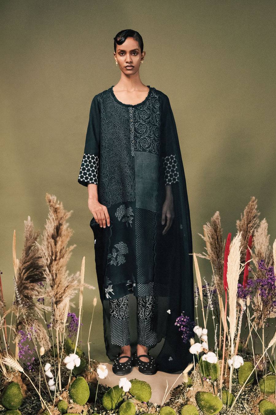 Indigo Discharge Print Double Layer Tunic Set With Embroidery On Sleeves In Linen And Organza Dupatta