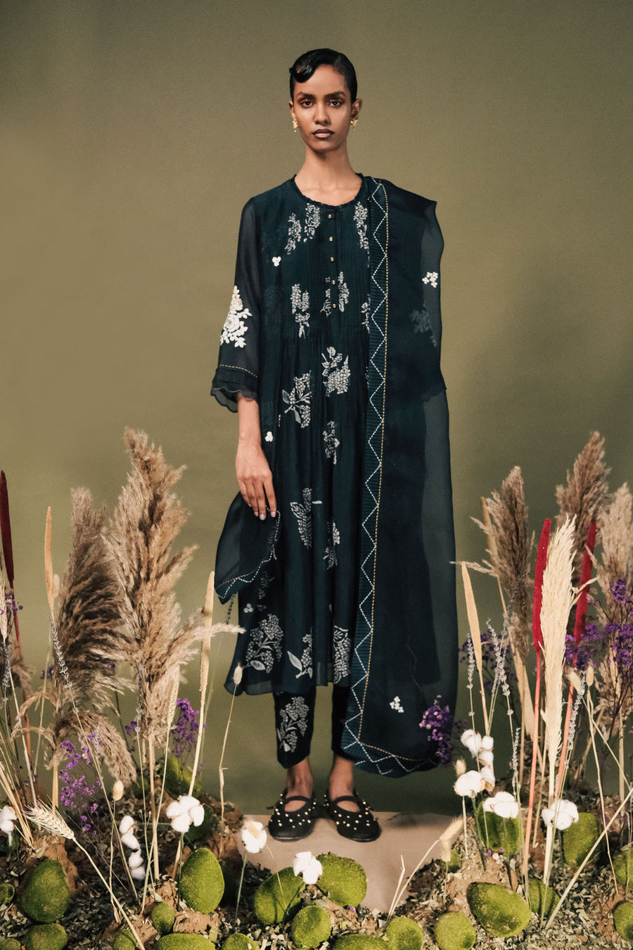 Indigo Discharge Print Pleated Tunic Set With Embroidery On Sleeves In Mul Chanderi
