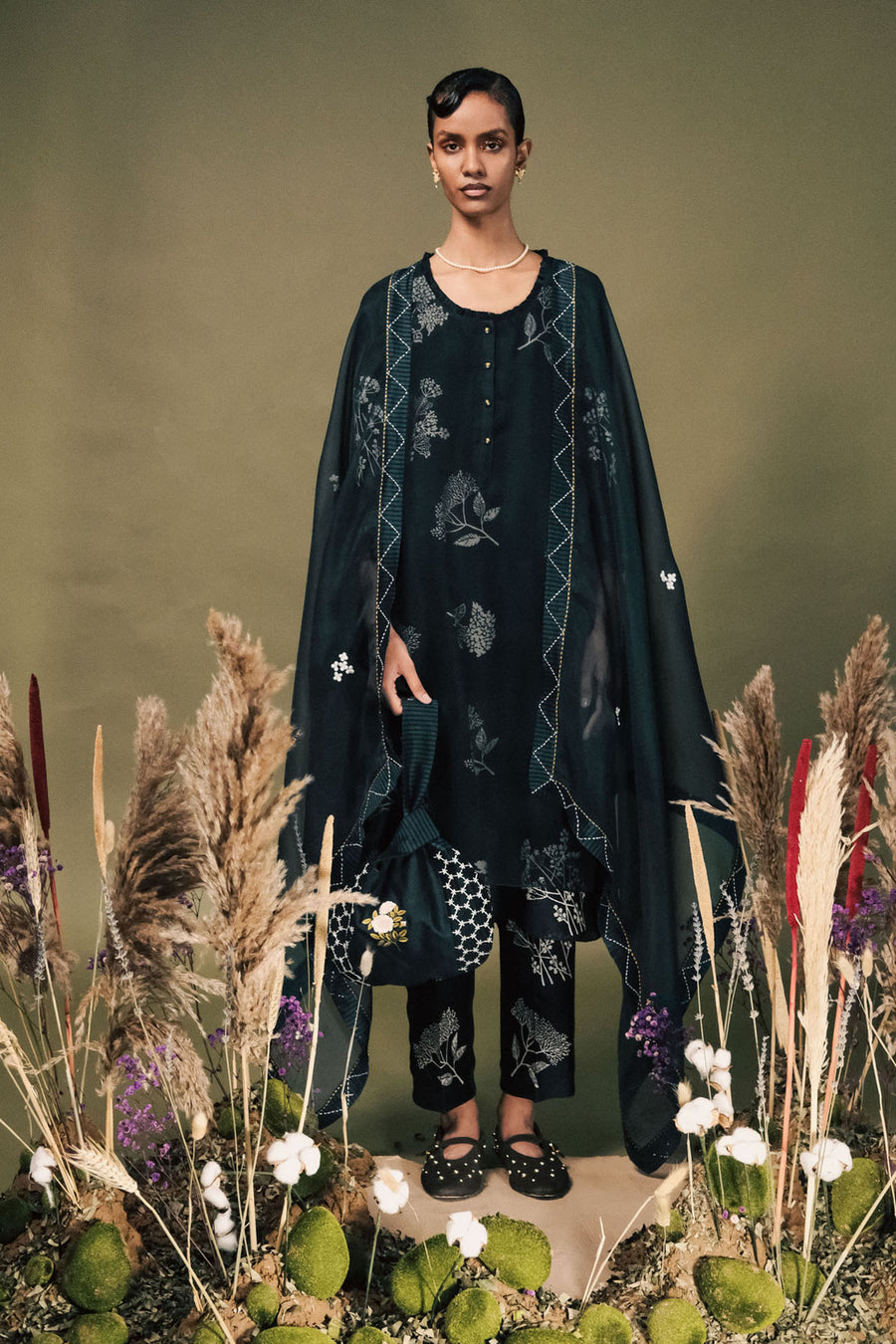 Indigo Discharge Print Double Layer Tunic Set With Embroidery On Sleeves In Silk Chanderi And Organza Dupatta