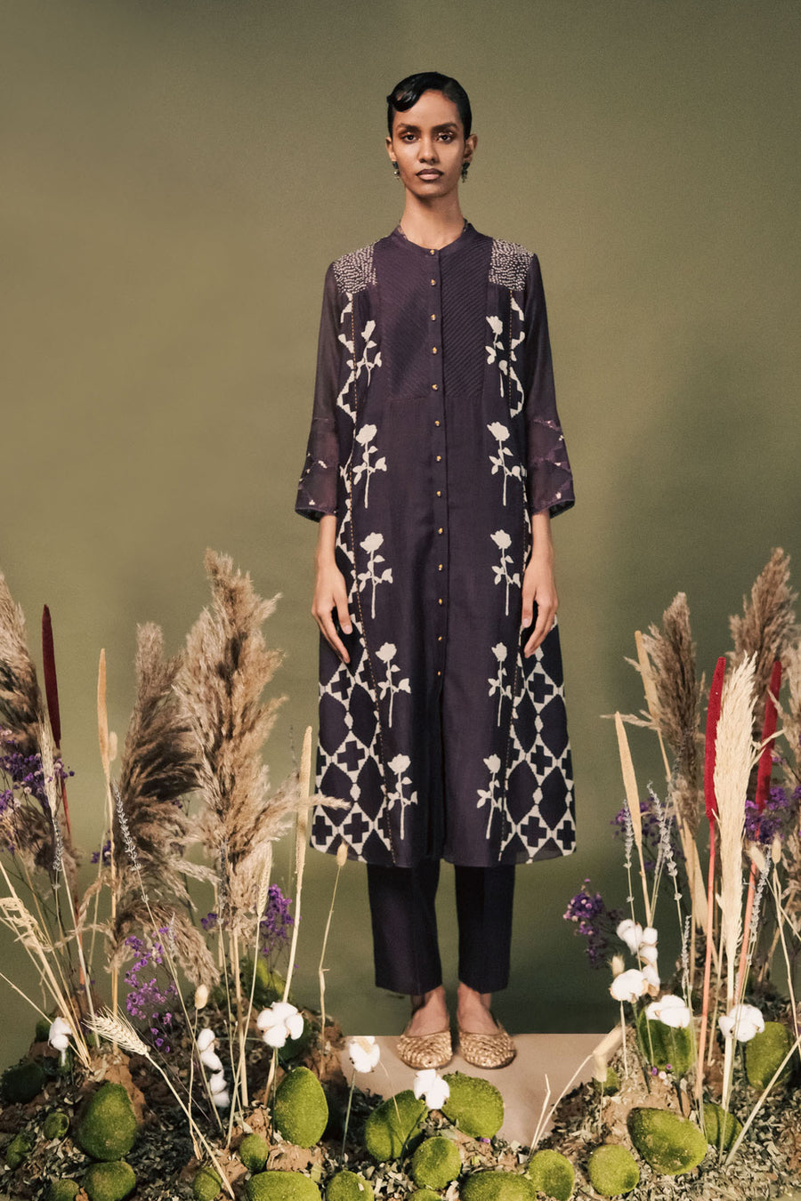 Lavender Front Open Tunic In Mul Chanderi With Embroided Sleeves And Pants In Silk Chanderi