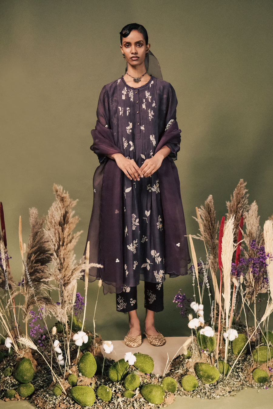 Lavender Discharge Print Pleated Tunic Set With Embroidery On Sleeves In Mul Chanderi And Organza Dupatta