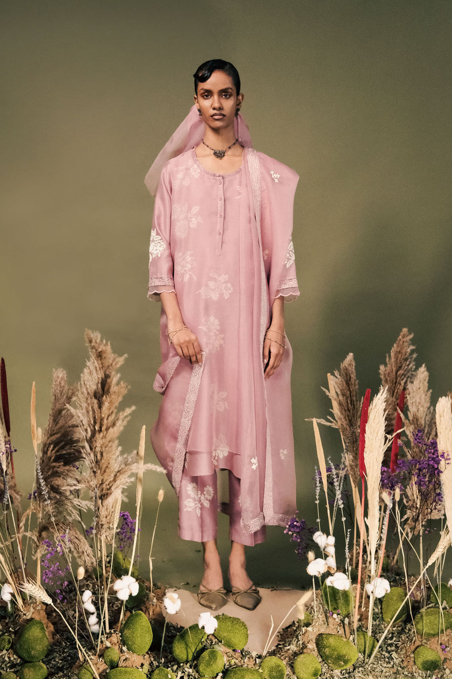 Lilac Discharge Print Double Layer Tunic Set In Silk Chanderi With Dori Embroidey On Sleeves