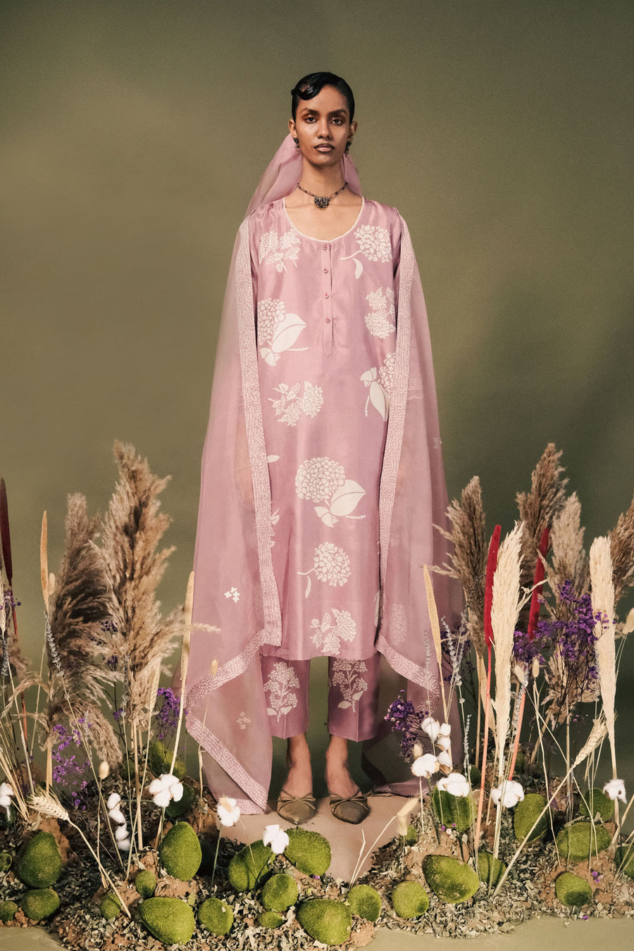 Lilac Discharge Print Tunic Set In Mulberry Silk With Embroidery On Sleeves