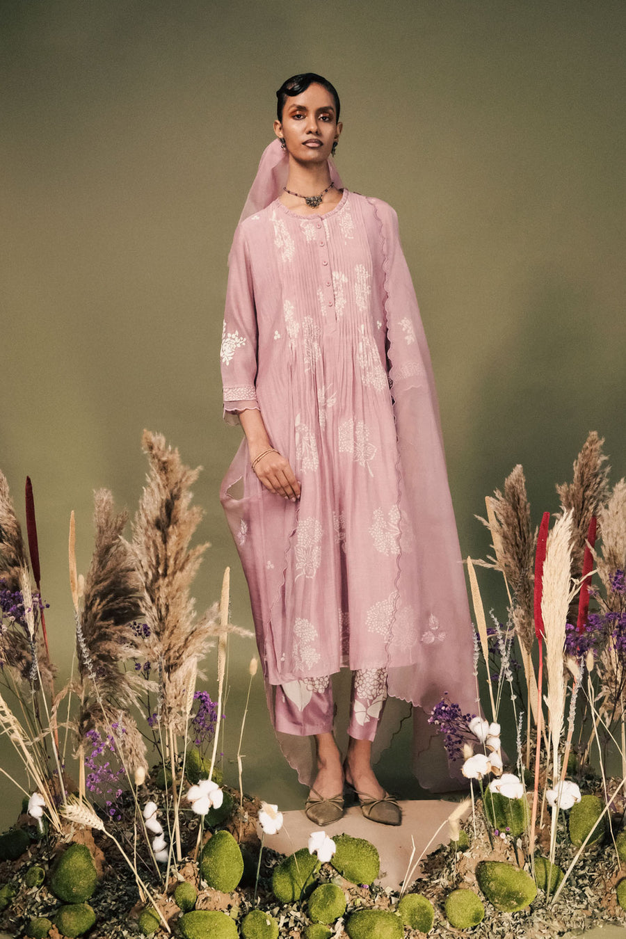 Lilac Discharge Print Pleated Tunic Set With Embroidery On Sleeves In Mul Chanderi