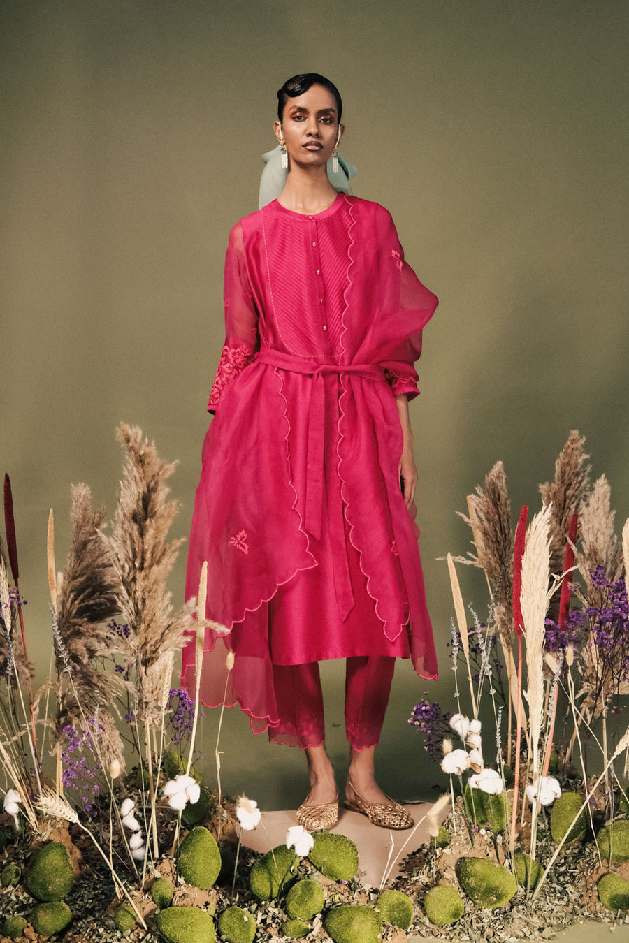 Fuchsia Tunic Set In Silk Chanderi With Dori Embroidery On Slleves