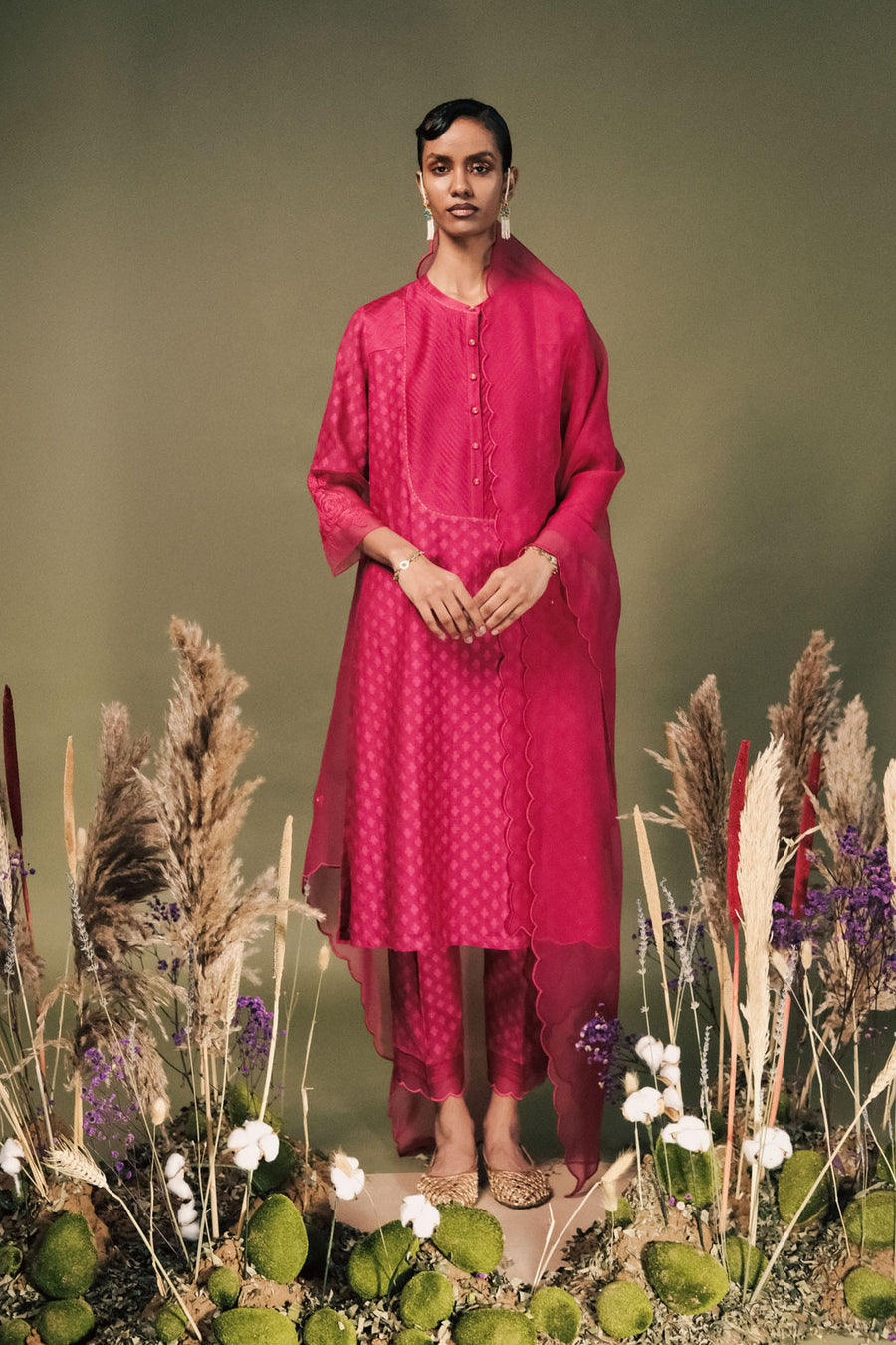 Fuchsia Tunic Set In Banarsi Brocade With Embroidery On Sleeves And Embroidered Organza Dupatta