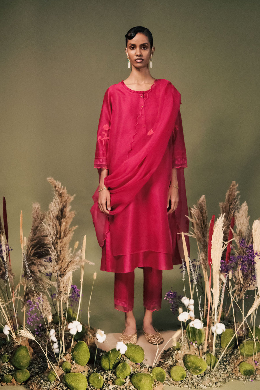 Fuchsia Double Layer Tunic Set In Silk Chanderi With Dori Embroidery On Sleeves And Organza Dupatta