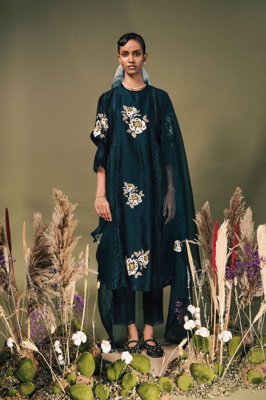 Indigo Embroided Tunic Set In Brocade And Silk Chanderi