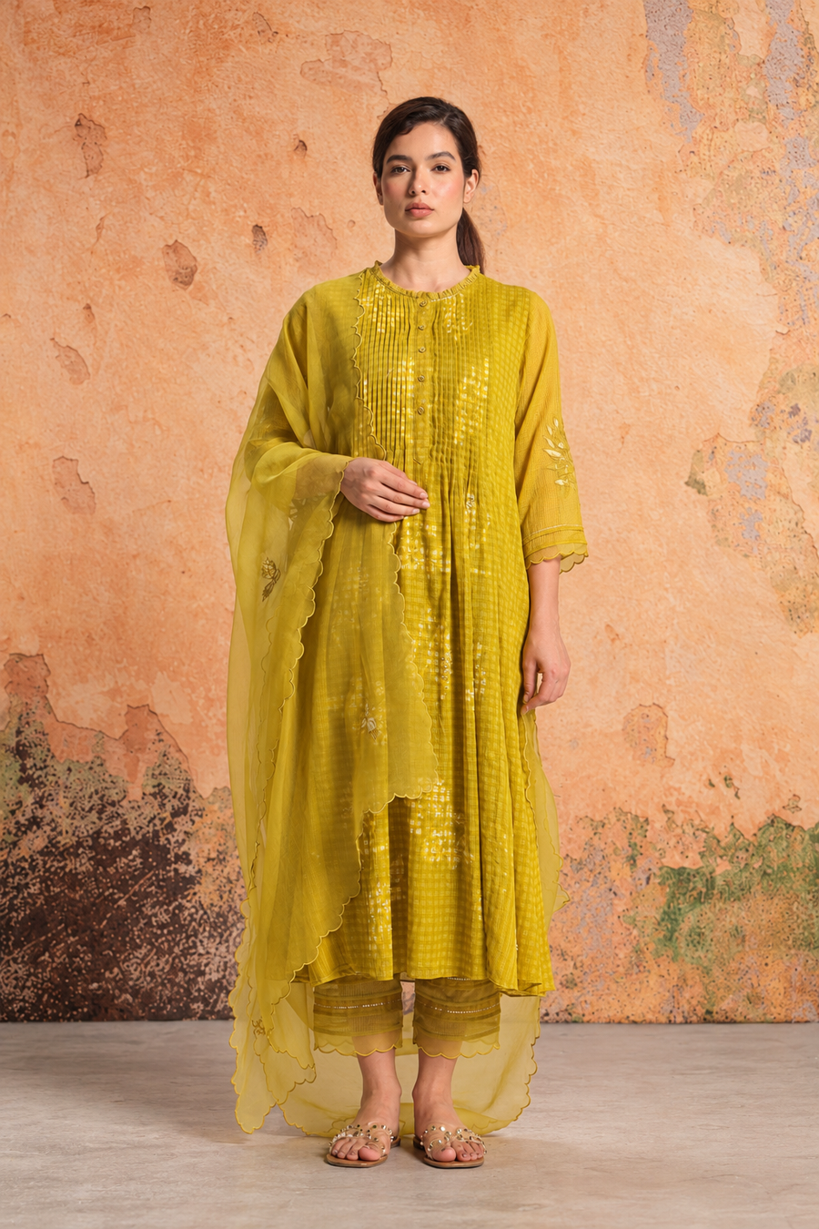 Azaki Leaf Green Tunic, Pant & Dupatta Set
