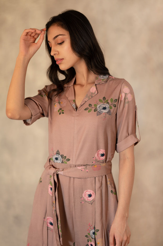 Almond Eden Print Jumpsuit In Bemberg With Hand Embroidery Details-Jumpsuit-ARCVSH by Pallavi Singh