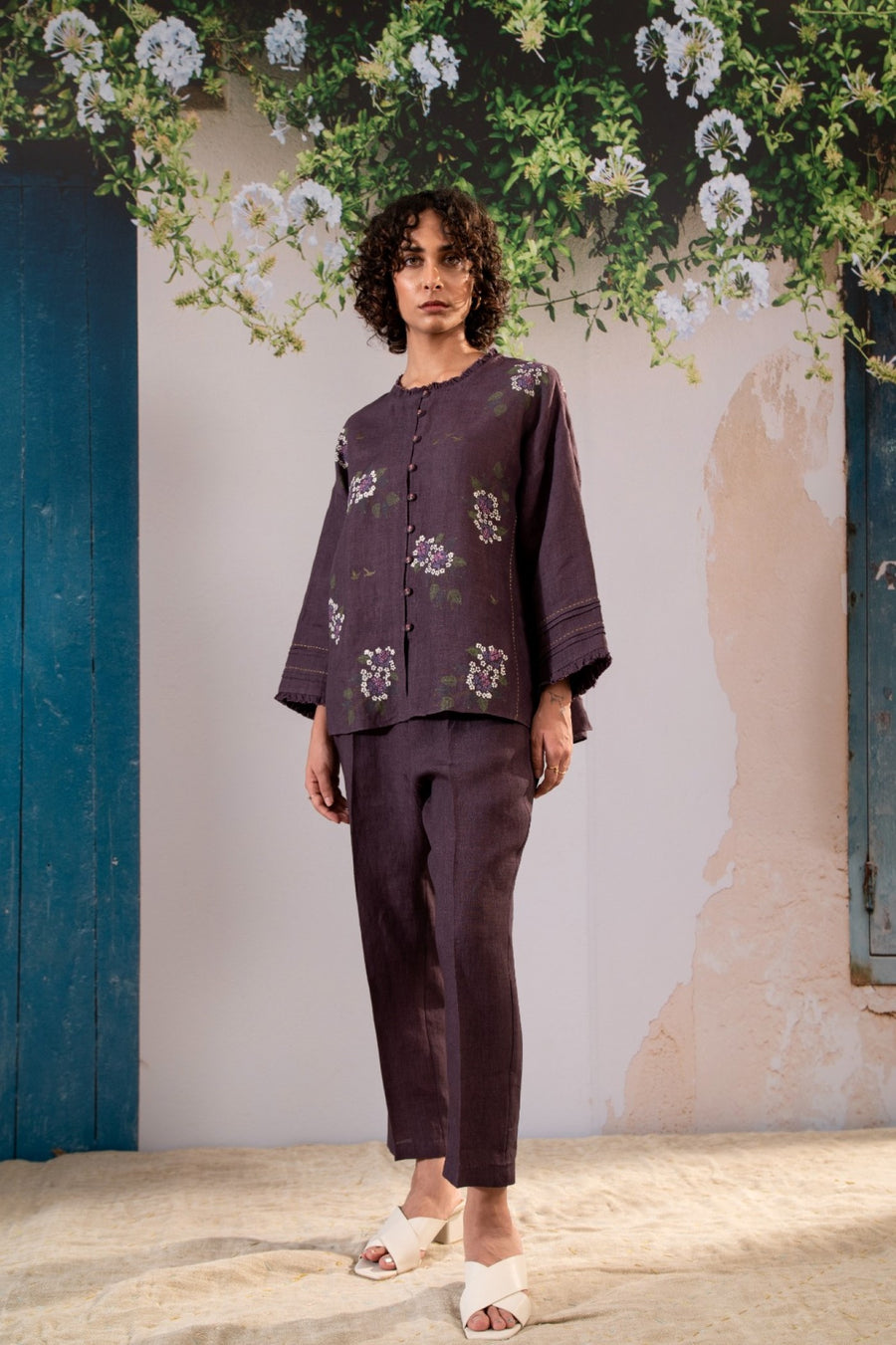 Dahlia  Print Shirt And Pant Set In Linen