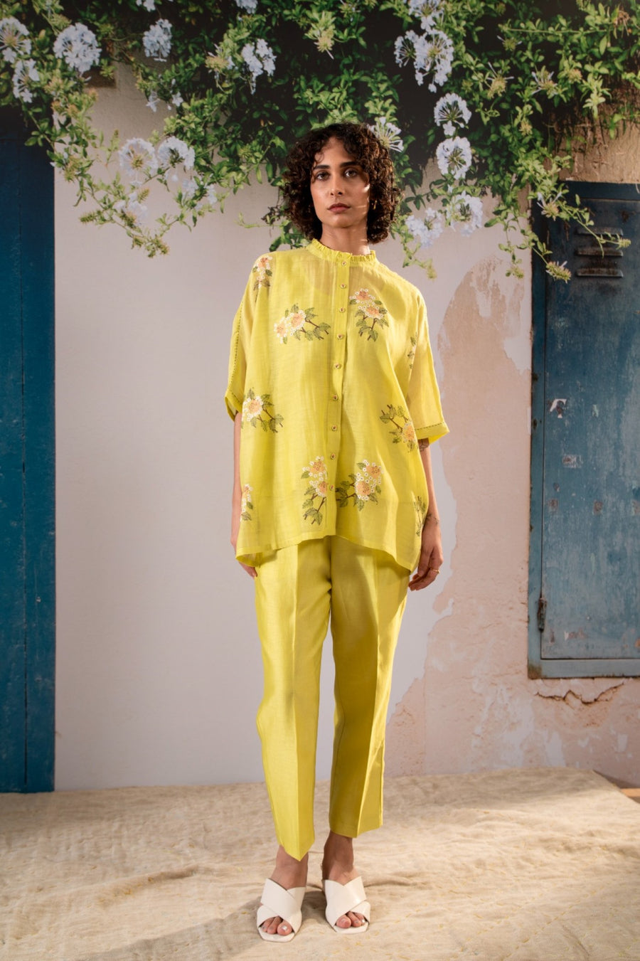Dahlia  Print  Kaftan Top And Pant Set In Chanderi