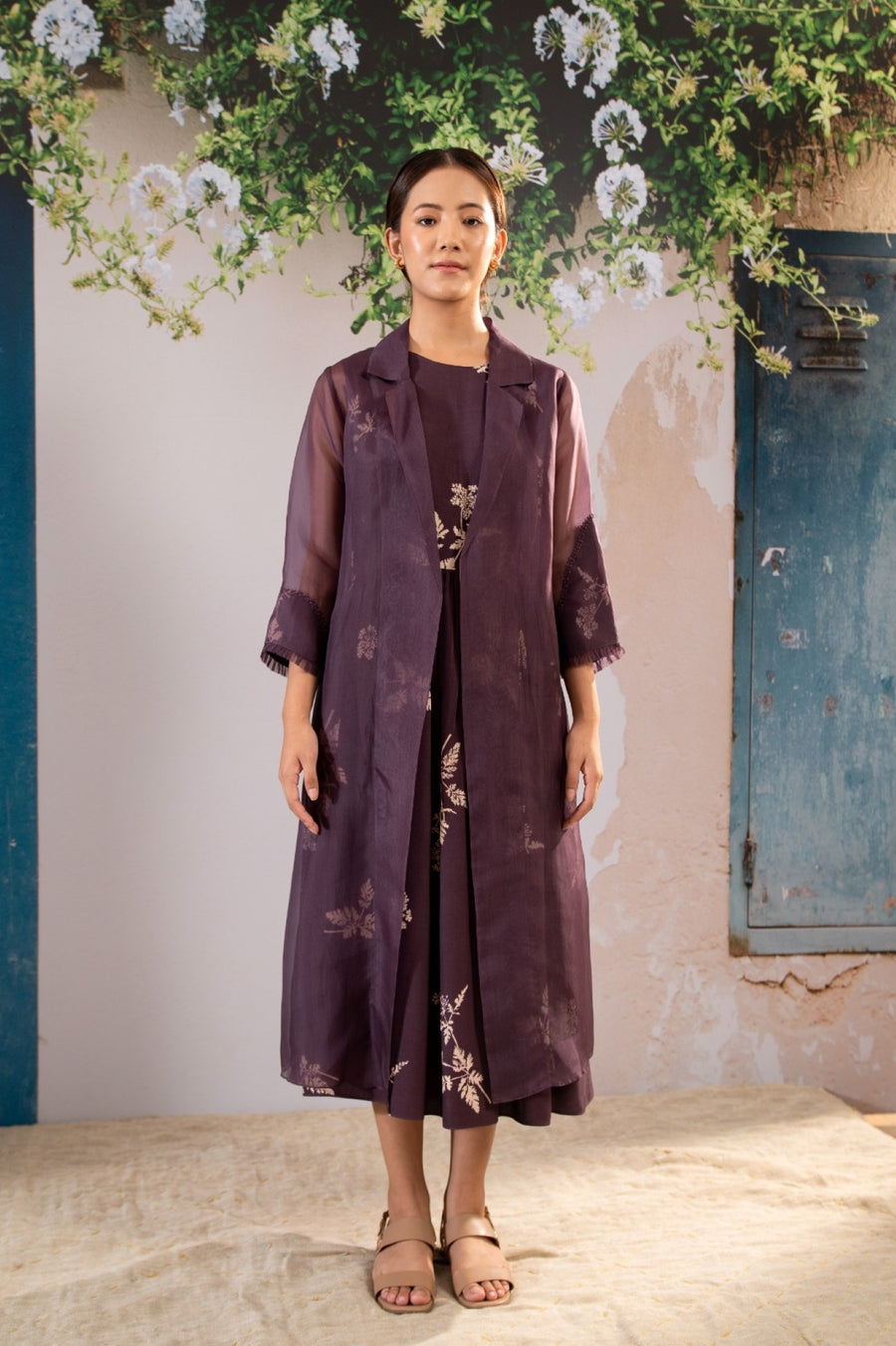 Discharge Print Dress And Organza Jacket  Set In Organza And Georgette Moss