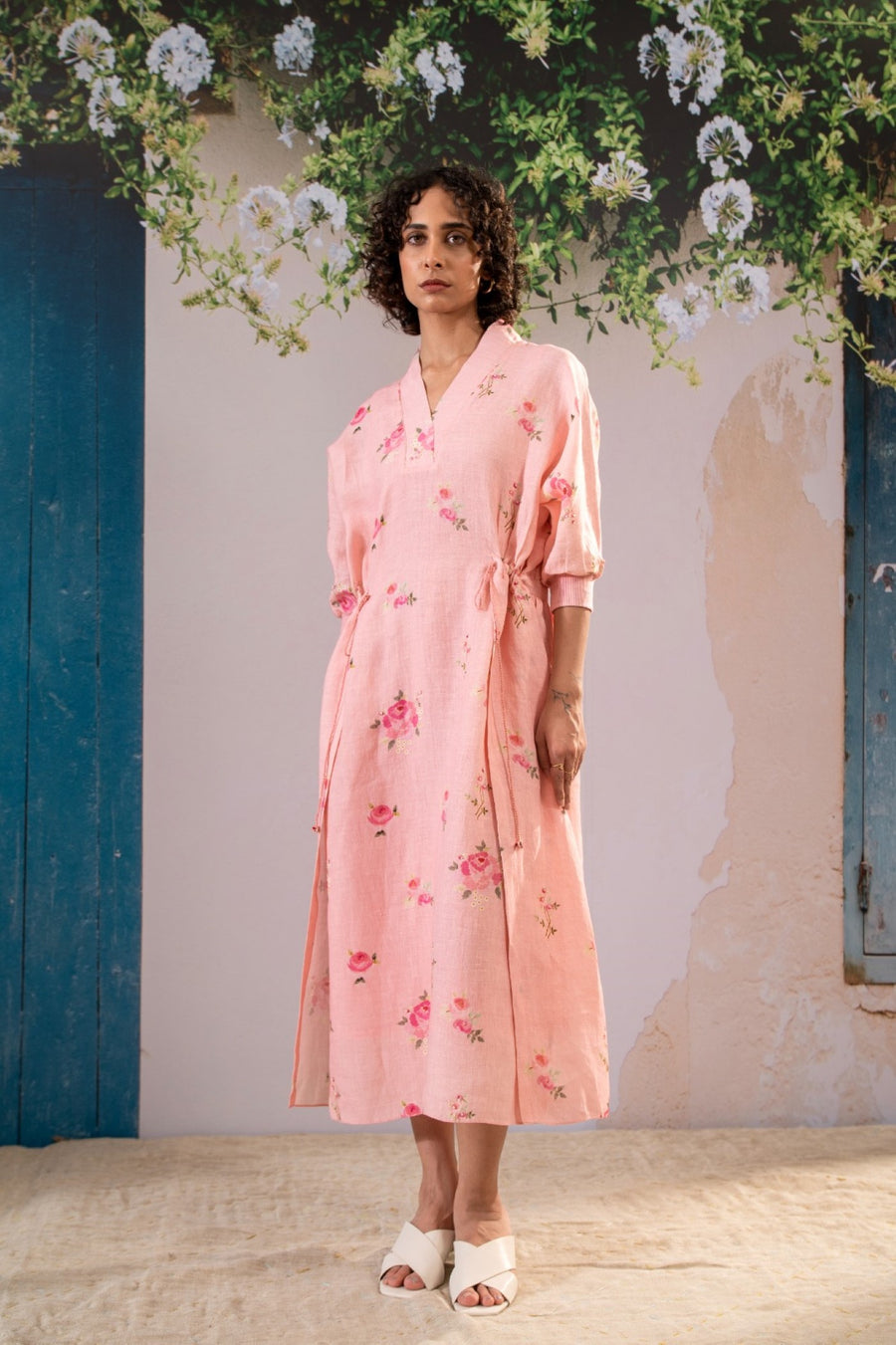 Rosette Print Dress With Side String In Linen