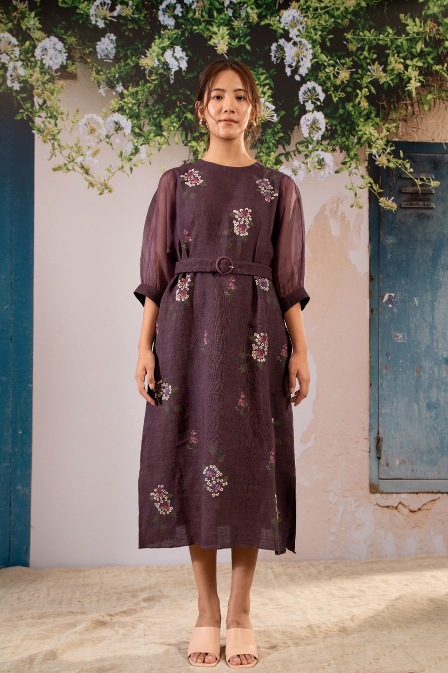 Dahlia  Print  Dress With  Puff Sleeves In Linen