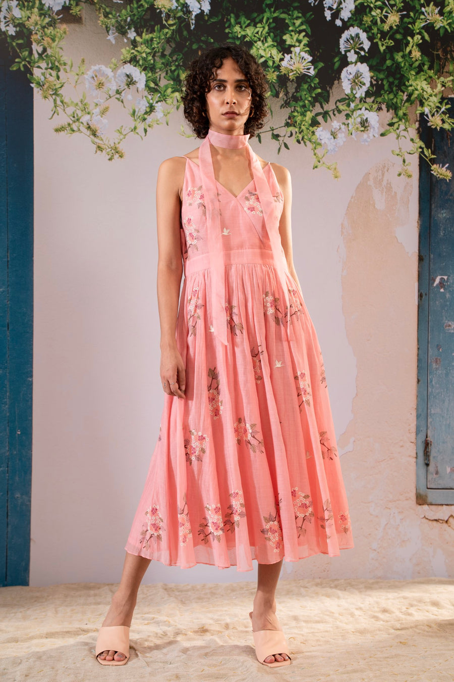 Dahlia Print Strap Dress In Pure Chanderi