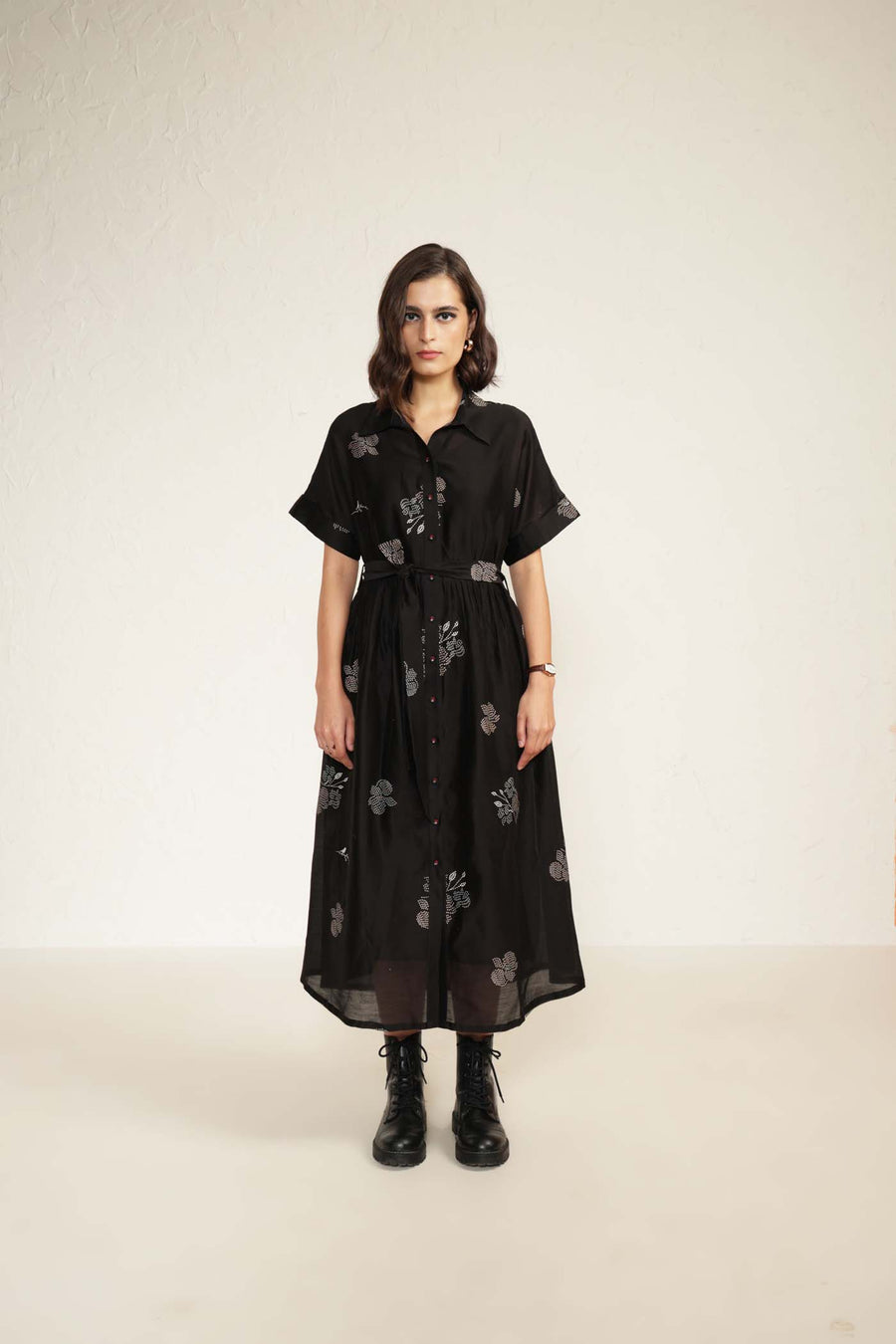 Drop Shoulder Printed Dress in Silk Chanderi with Embroidery