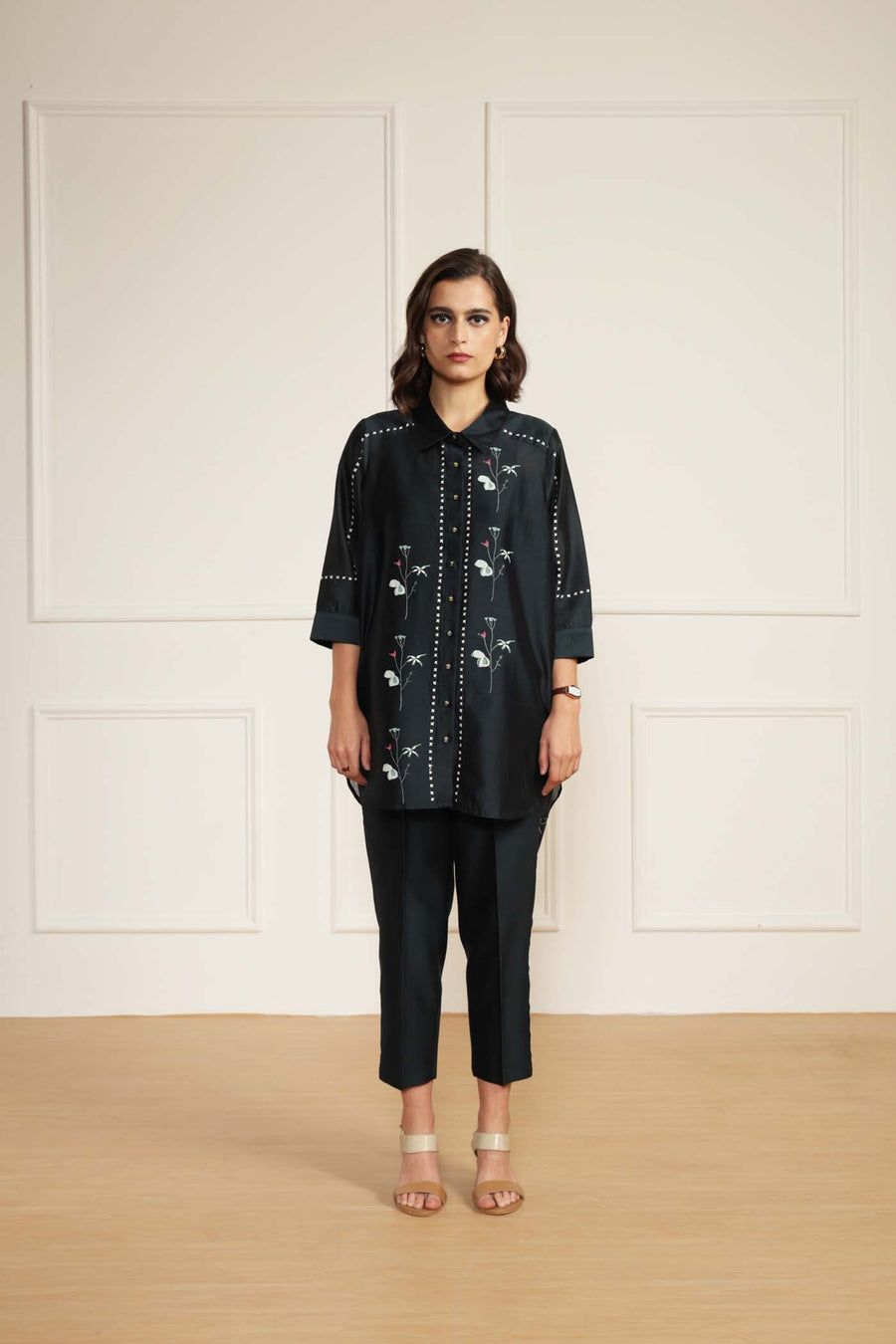 Indigo Silk Chanderi Shirt with Embroidery And Silk Chanderi Straight Pants