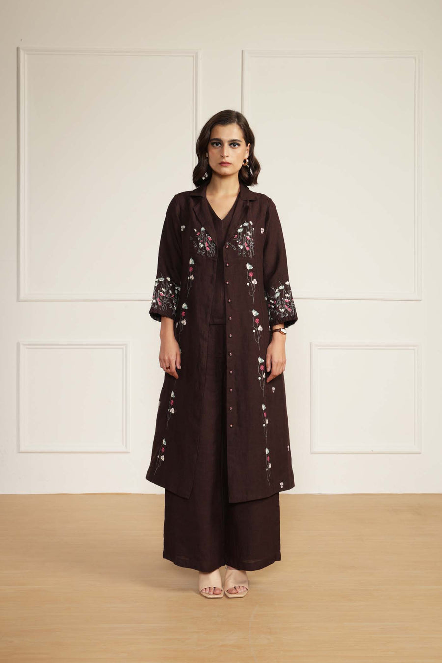 Grape Linen Printed Jacket With Flared Pants and Top in Linen