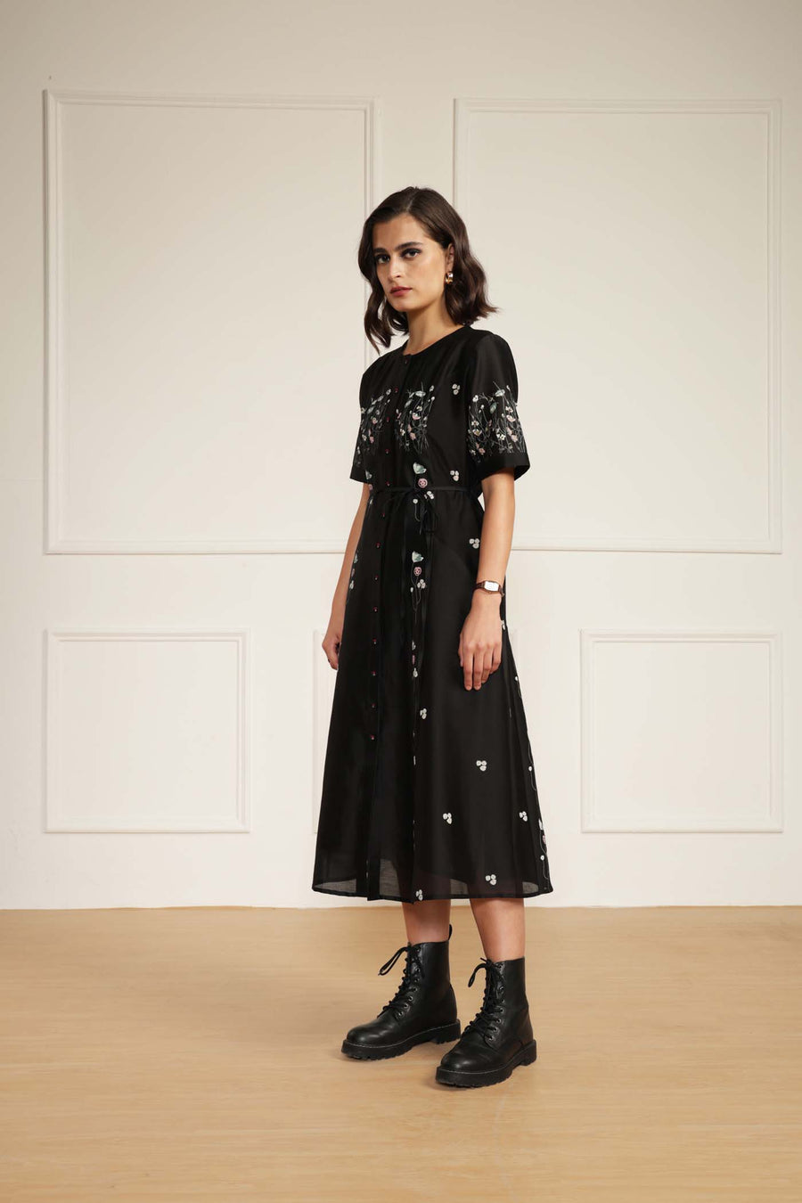 Black Printed A-Line Dress in Silk Chanderi With Hand Embroidery Details