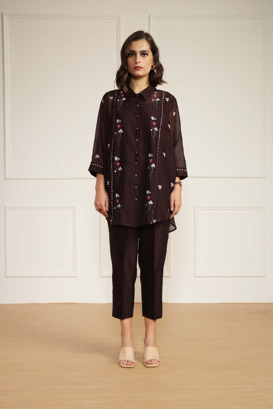 Grape Mul Chanderi Shirt with Embroidery And Silk Chanderi Straight Pants