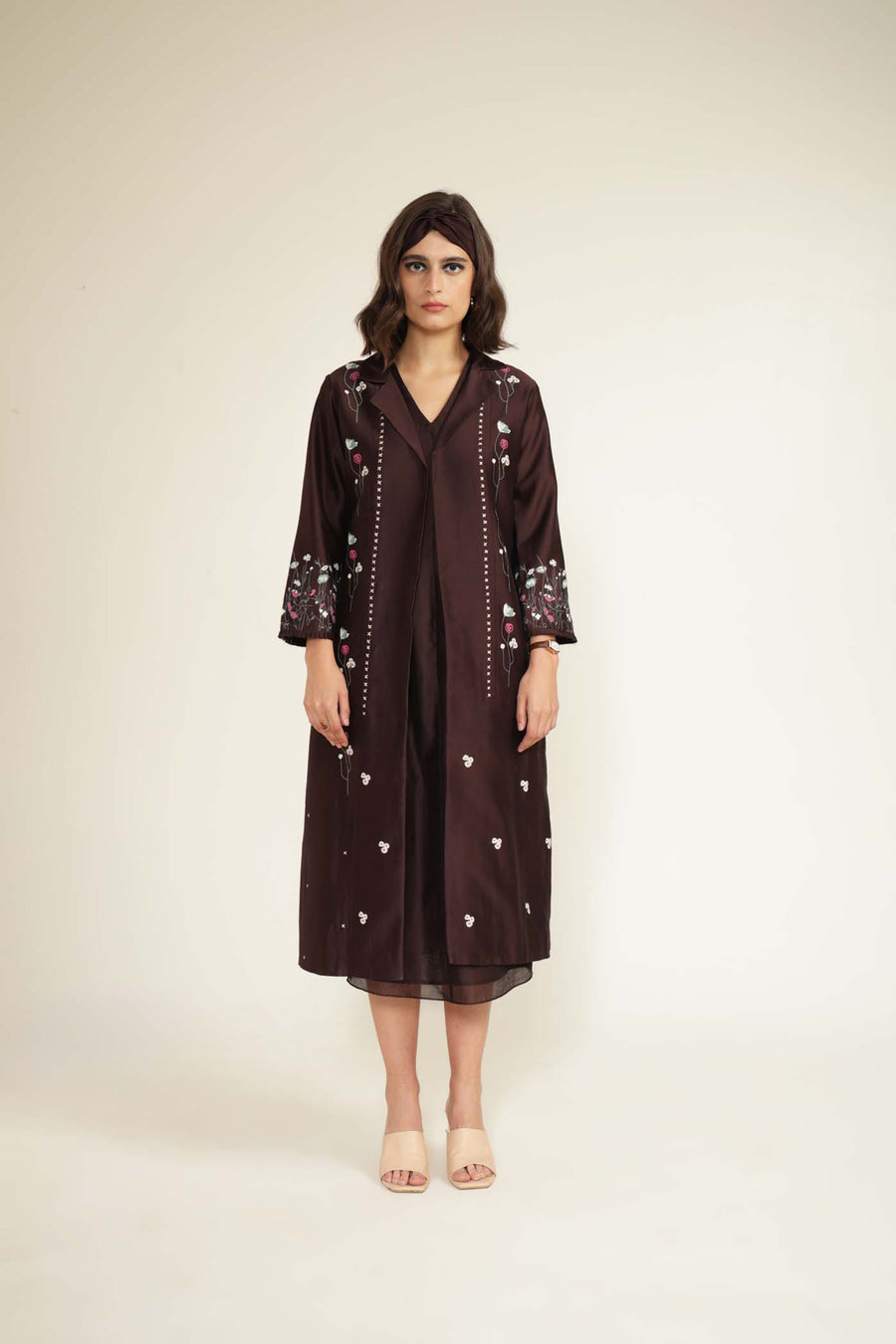Grape V-Neck Dress in Silk Chanderi and Printed Silk Chanderi Jacket with Embroidery