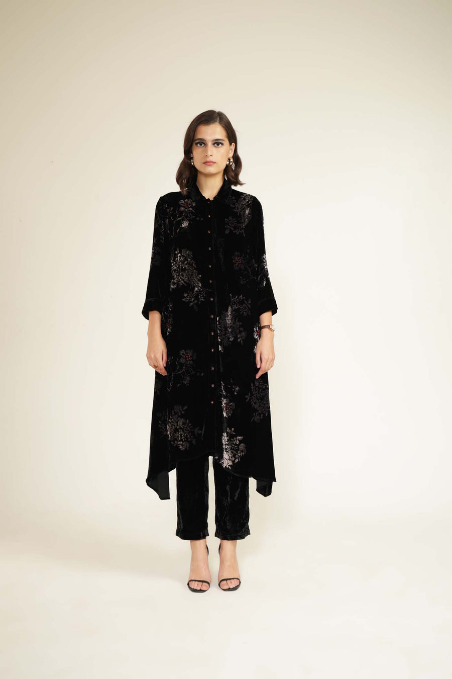 Black Discharge Print Tunic in Silk Velvet with Hand Emroidery Details & Silk Velvet Straight Pants