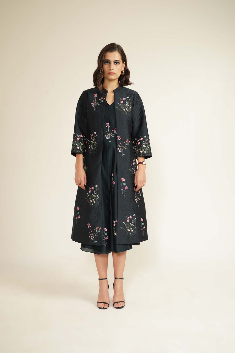 Indigo V-Neck Printed Dress with Printed Quilted Jacket With Hand Embroidery Details