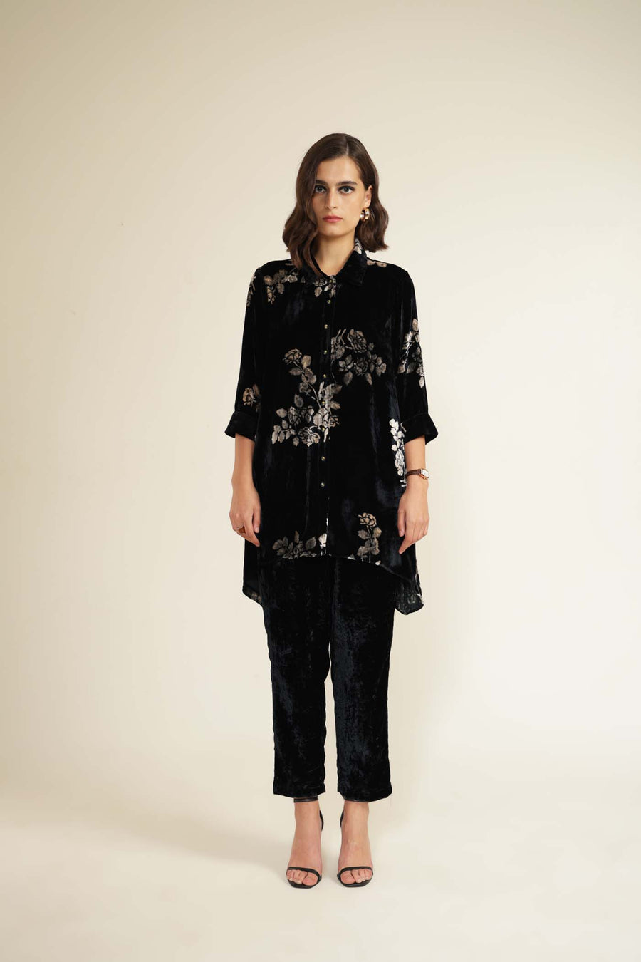 Indigo Shirt in Silk Velvet with Discharge Print and Straight Pants in Silk Velvet